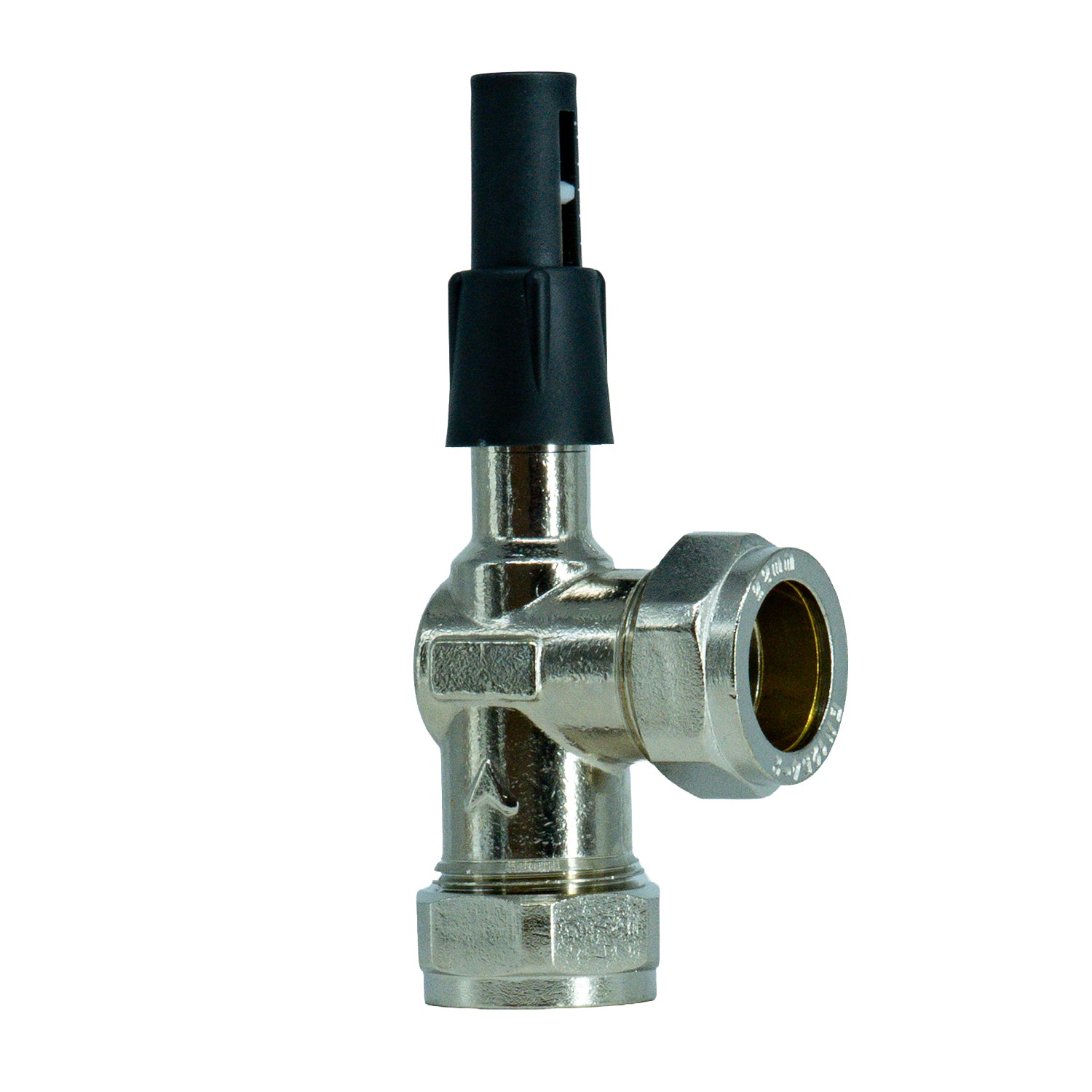 A metal 22mm Automatic Bypass Valve Angled with Compression Connections with a black plastic top cap, shown on a plain white background.